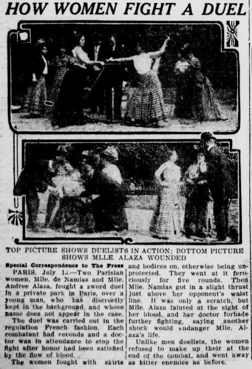 Duel au Bois de Boulogne Lina de Namias et Andree Alaza The Spokane press. (Spokane, Wash.), 13 July 1908