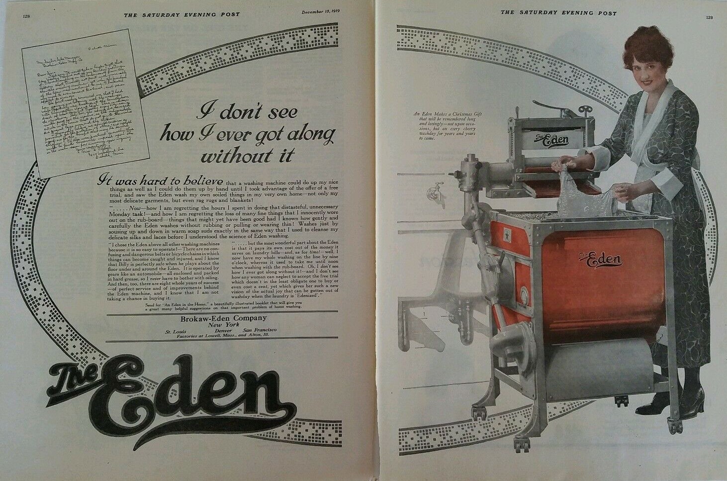 1919 Brokaw Eden company wringer washer washing machine