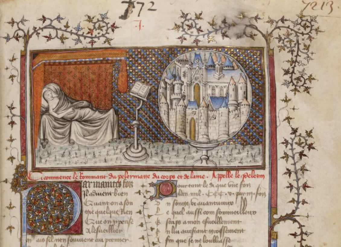 L’auteur revant de la Jerusalem celeste, Guillaume de Digulleville, Le Pelerinage de Vie humaine, Paris, v. 1404, Paris, BnF ms. fr. 829, fol 1