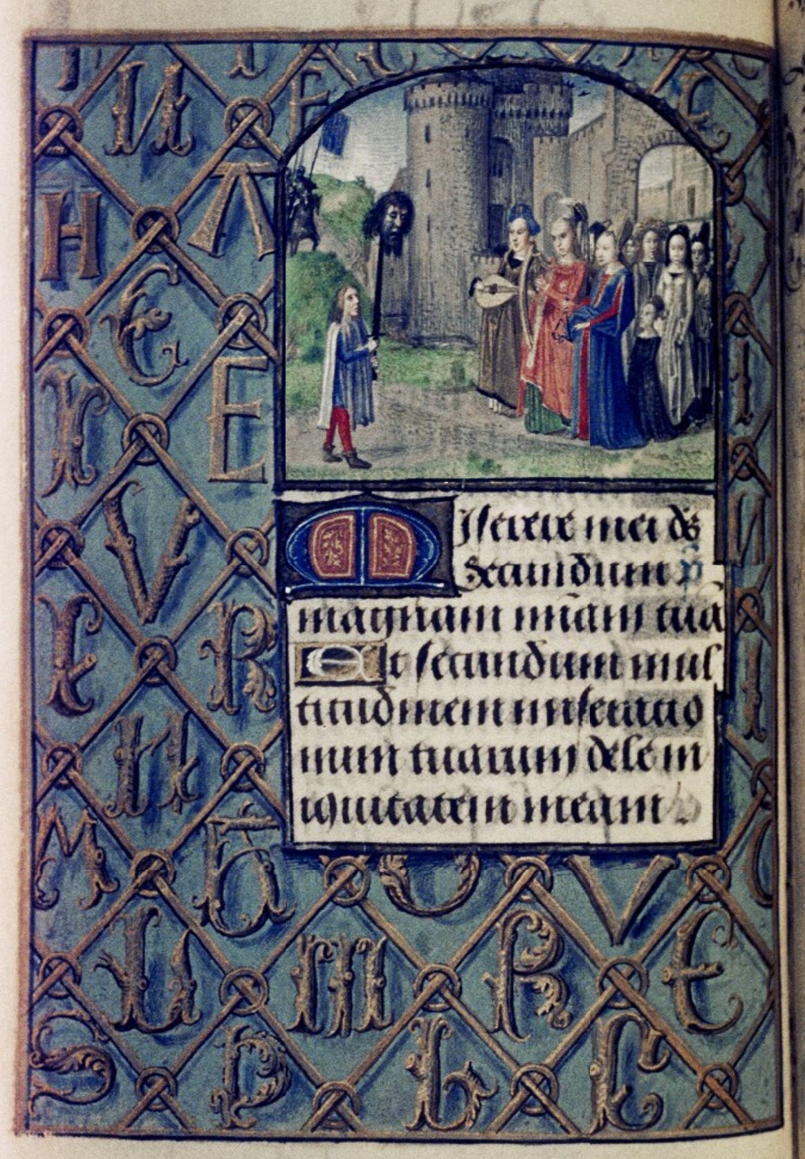 1475 ca Master of Mary of Burgundy Hours of Engelbert of Nassau Bodleian Library MS. Douce 220 fol 190v David avec la tete de Goliath