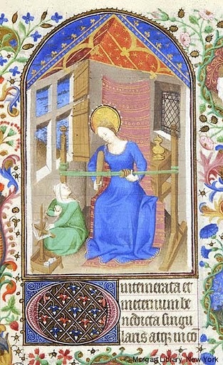 Bedford Master, 1425-30 Mary weaving, book of hours Morgan Library MS M.453, fol. 24r
