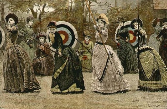 1885 Amazons of the Bow A Sketch at an Archery Meeting. Illustration by Lucien Davis from Supplement to the Illustrated London News, 3 October 1885