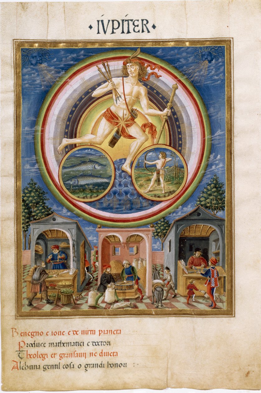 Cristoforo_de_Predis 1470 ca _Jupiter_with_zodiac_signs_of_fish_and_Sagittarius_Merchants