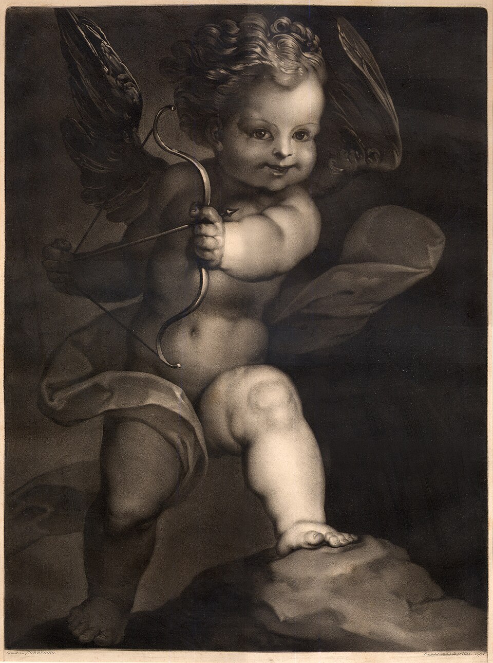 Johann Peter Pichler after Correggio Eros holding bow and arrows 1794 aquatinte