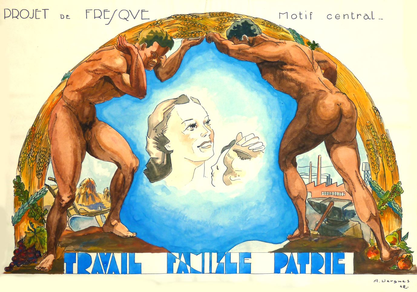 1942 Andre Marie Vergnes Projet de fresque Travail Famille Patrie