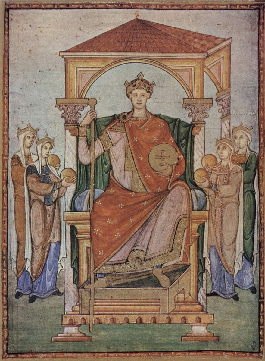 985 ca Registrum Gregorii, Szene Kaiser Otto II., mit den Symbolen der vier Teile seines Reiches musee Conde
