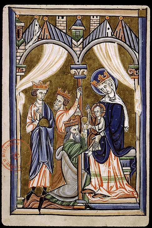 Adoration des mages 13eme Psautier Bibl. Sainte-Genevieve - ms. 1273 fol 8v IRHT