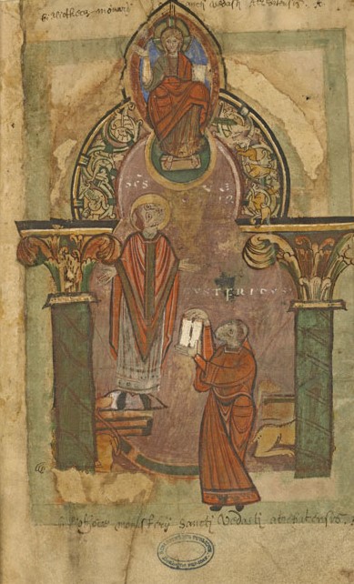 Evangeliaire Guntfridus offrant un livre a saint Vaast.1000-50 Boulogne BM MS 9 fol 1v IRHT
