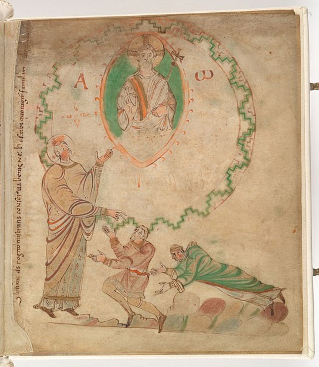 Evangeliaire d’Egmond, Dirk II and his wife Hildegard kneel before St. Adalbert, patron of Egmond Abbey Gand 975 ca Den Haag Koninklijke Bibliothek, 76 F 1, f. 215r,