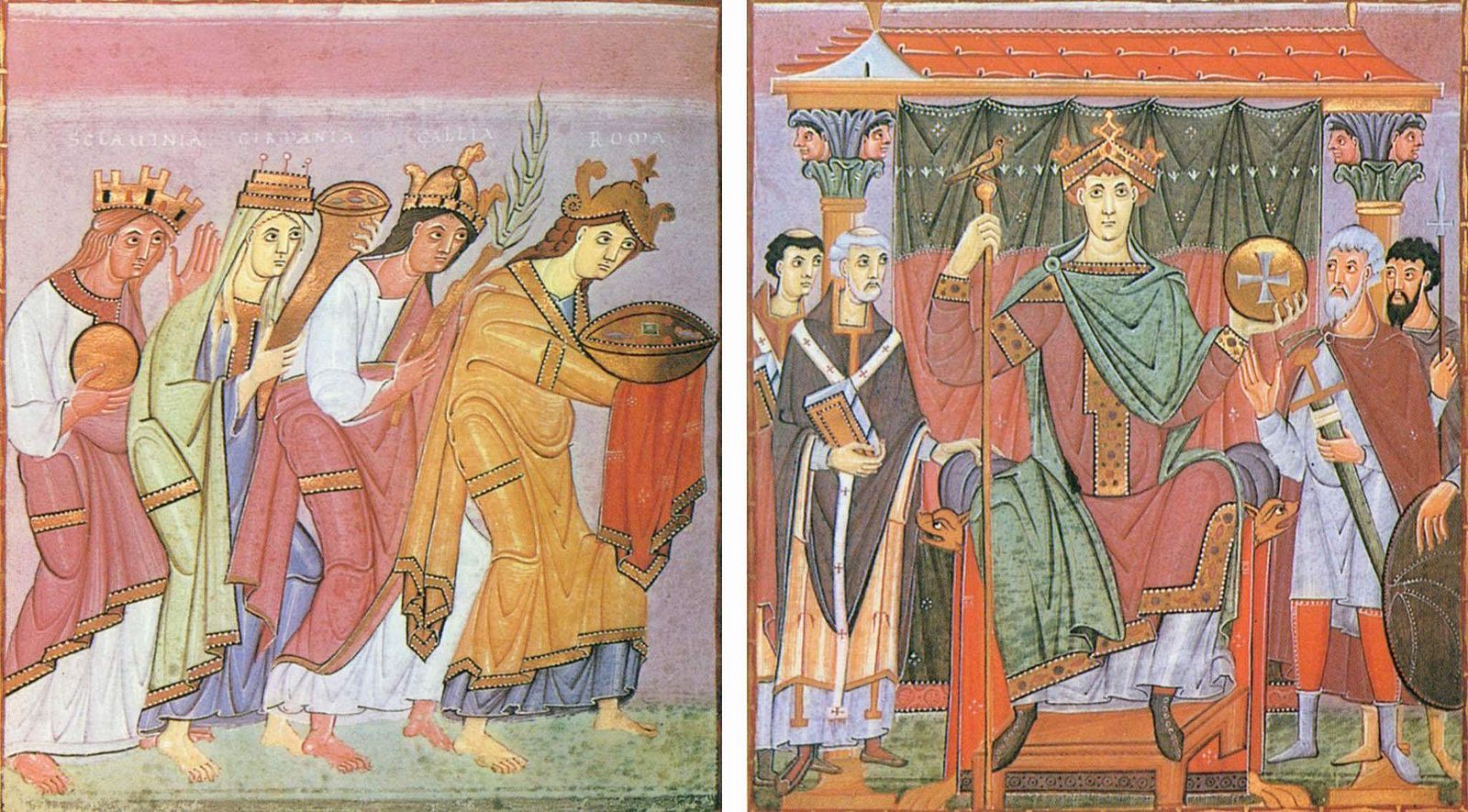 Evangile d'Otton III ou Evangeliar Heinrichs II Slavinia, Germania, Gallia und Roma huldigen Kaiser Otto III.1000ca BSB Clm 4453 (fol.23v - 24r