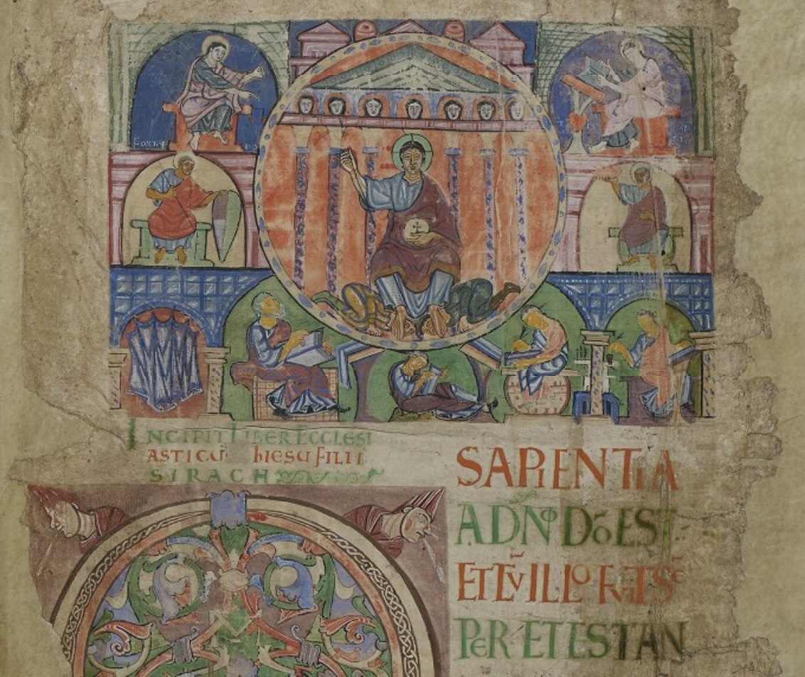 Sapientia Justicia Fortitudo Prudentia Temperantia Bible 1025-50 Arras BM 0435 (0559), vol. 3 fol 1r IRHT