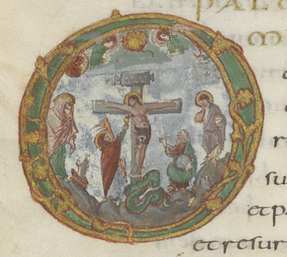 850 ca Metz Christ_en_croix,_sacramentaire_de_Drogon BNF MS lat. 9428 fol 43v gallica