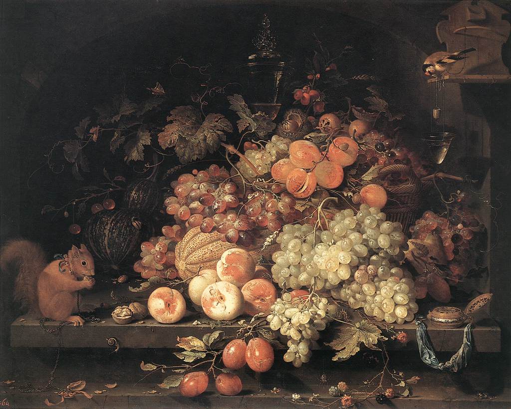 Abraham_Mignon 1668 Fruit_Still-Life_with_Squirrel_and_Goldfinch Museumslandschaft Hessen Kassel