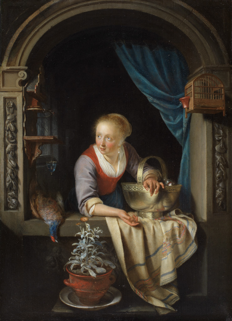 Woman at a window with a copper bowl of apples and a cock pheasant, by Gerrit Dou