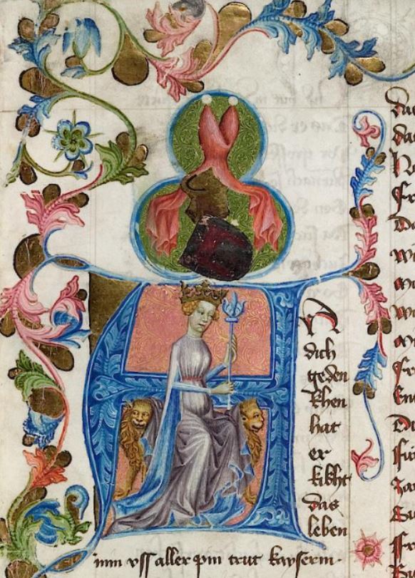 Frau Minne 1413 in der Prachthandschrift des Hugo von Montfort,Universitatsbibliothek Heidelberg, Cod. Pal. germ. 329 fol 1r