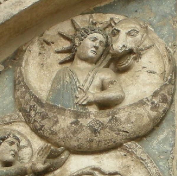 Antelami 1200 ca Portail de la Vie Baptistere de Parme detail soleil haut