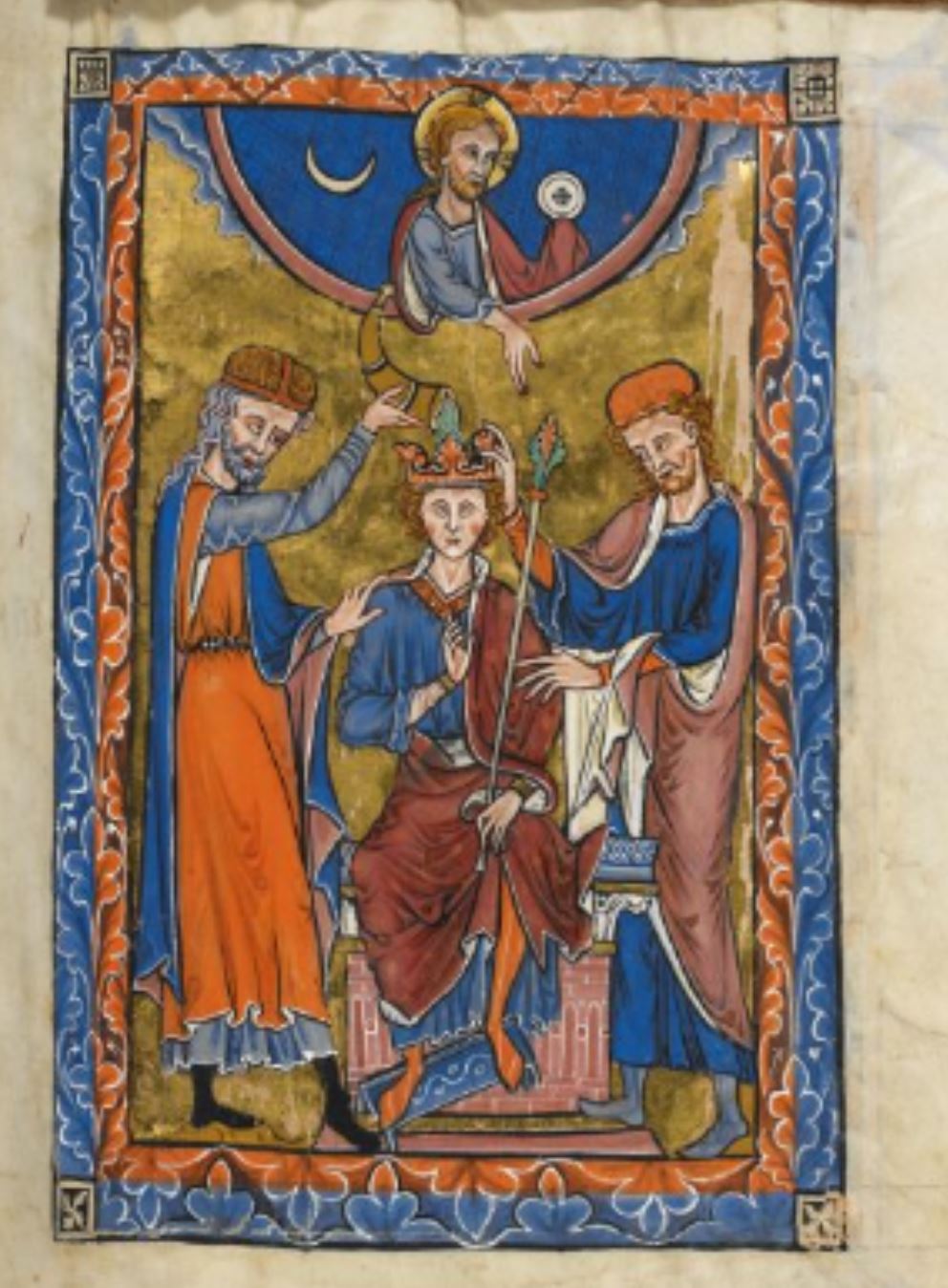 1260 Rutland Psalter Anointing and Crowning of King David, with Christ above flanked by the Sun (marked as a Host) and Moon, before Psalm 26 BL Add MS 62925 fol 29r
