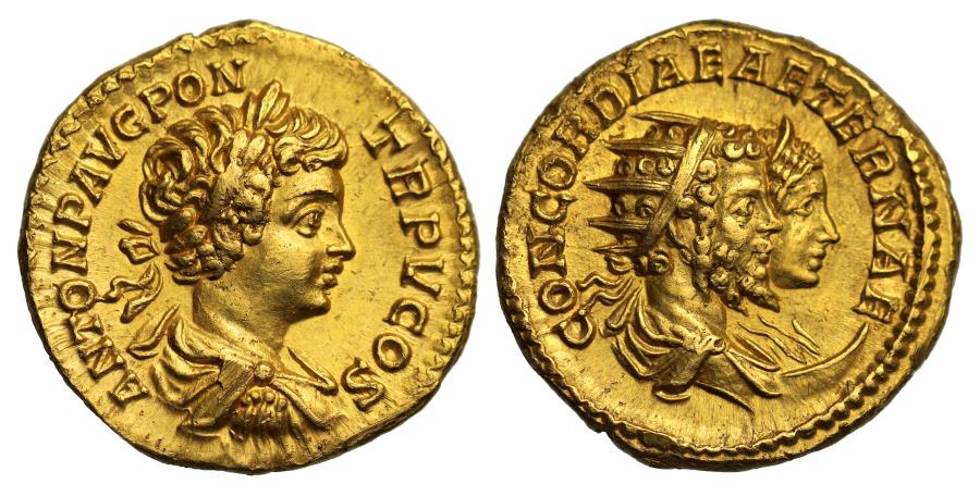 Accole 34 Caracalla with Septimius Severus and Julia Domna, Gold Aureus. Mint of Rome, A.D. 202