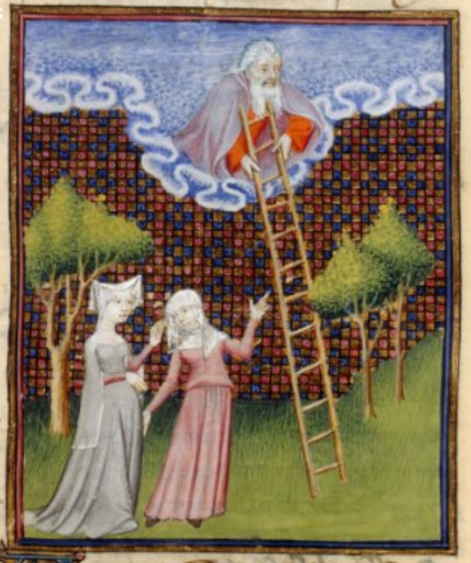 Christine and the Sybil pointing to a ladder from the heavens, from the Book of the Queen, France (Paris), c. 1410-1414, Harley MS 4431, f. 188r