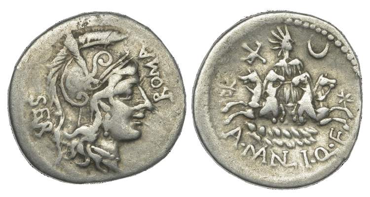CroissantEtoile Helios Manlius Qf Sergianus AR Denarius. 118-107 BC