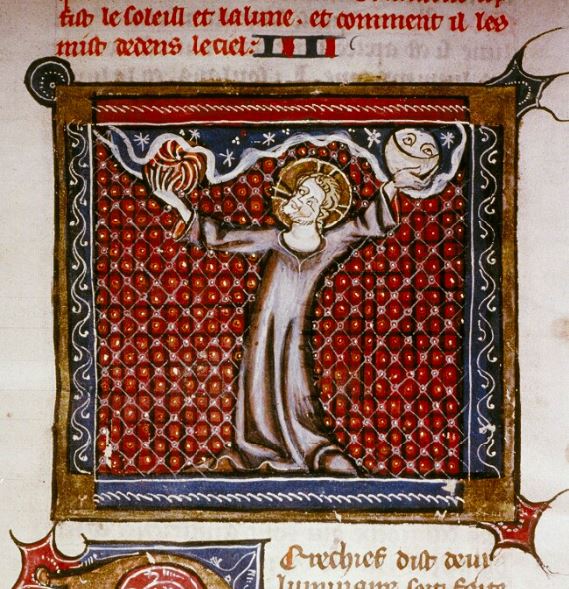 Maitre de Sub-Fauvel 1300-25 guiard des moulins, bible historiale Bodleian MS Douce 211 fol 5r Creation des luminaires