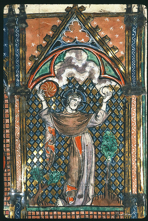 Maitre de Sub-Fauvel 1320-37 guiard des moulins, bible historiale Bibl. Sainte-Genevieve - ms. 0020 fol 1 Detail de la Creation
