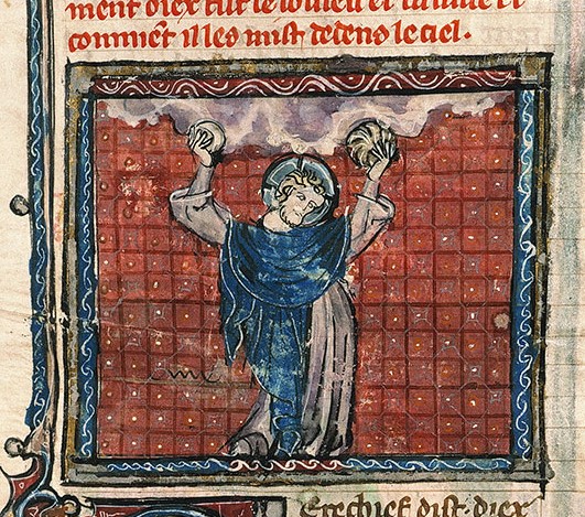 Maitre de Sub-Fauvel 1330 guiard des moulins , bible historiale Bibl. Sainte-Genevieve - ms. 0022 fol 5 Creation des luminaires