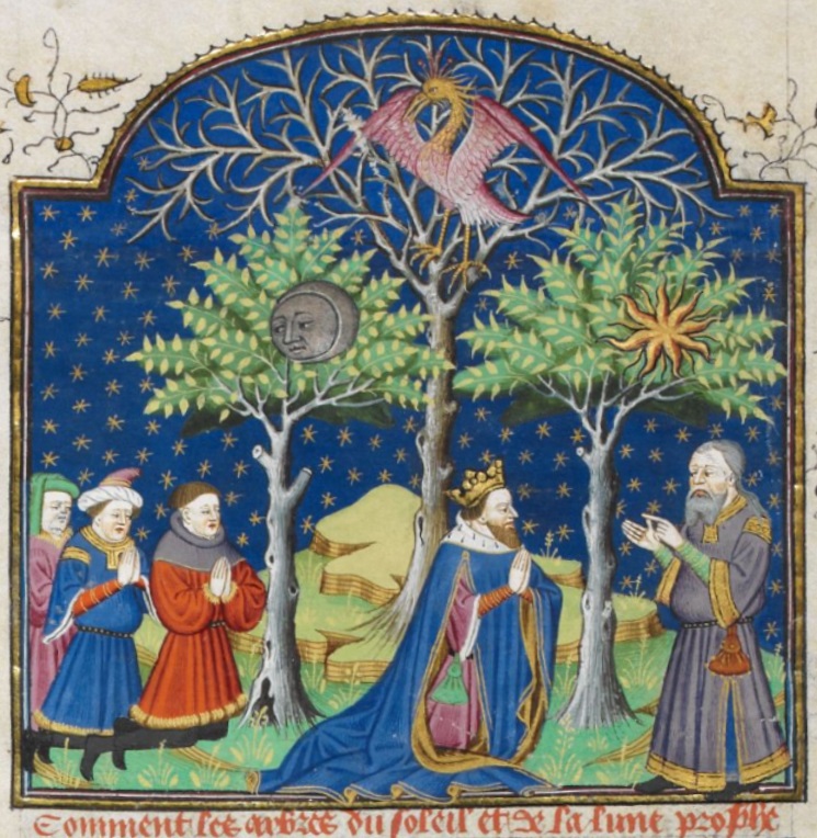 alexandre 1444–45 The Trees of the Sun and the Moon and the Dry Tree Roman d'Alexandre (Rouen) Royal MS 15 E VI, f. 18v