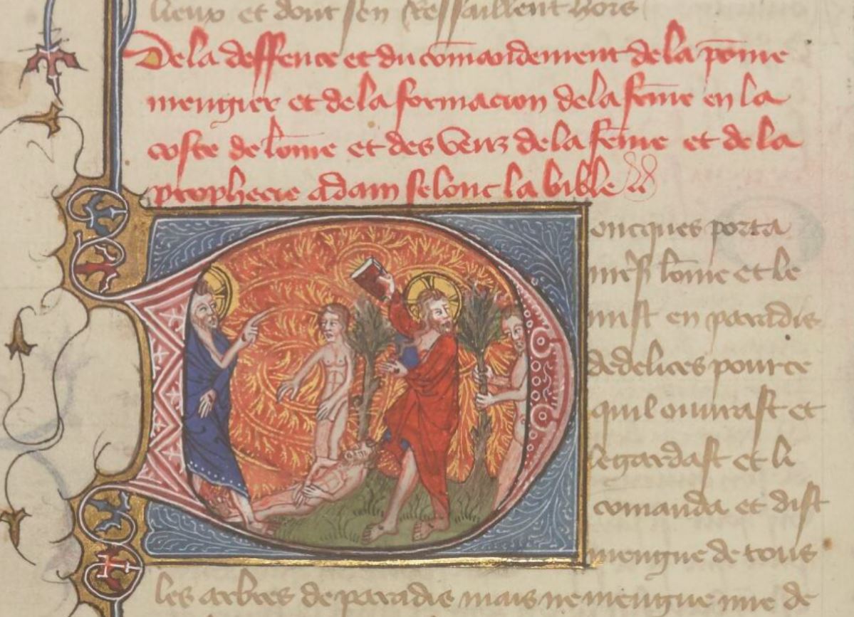 guiard des moulins, bible historiale 1375-1400 BNF Français 164 fol 5v Creation de la femme