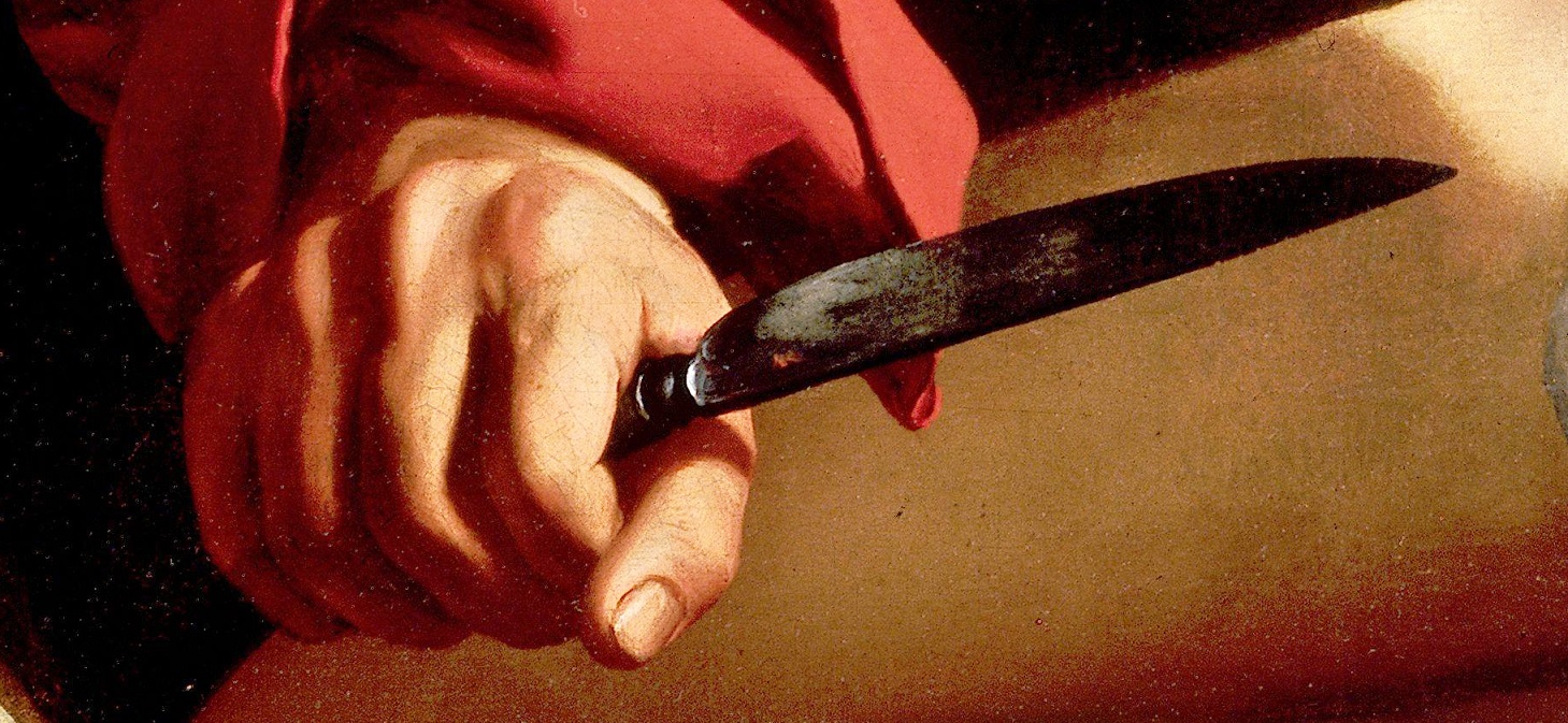 1598 Sacrificio-di-Isacco-Caravaggio Princeton detail buche