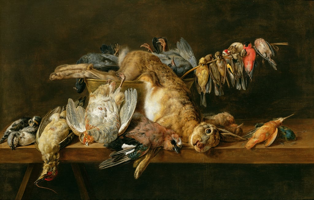 16 Adriaen van Utrecht 1647 Still life of dead birds and a hare on a table Johnny van Haeften Gallery