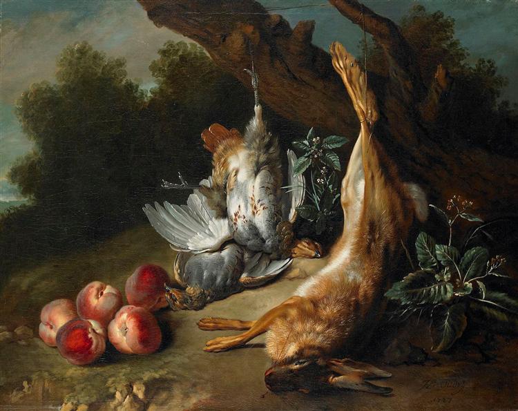 17 Oudry 1727 still-life-with-dead-game-and-peaches-in-a-landscape Birmingham Museum of Art