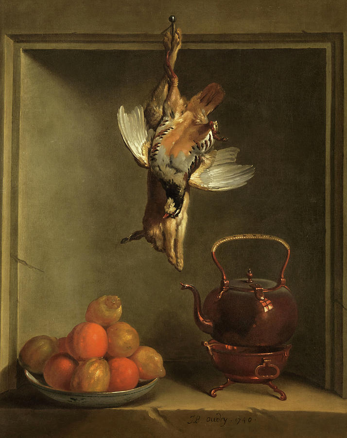 17 Oudry 1746 Perdrix rouge, lapin, citrons, oranges et bouilloire Louvre