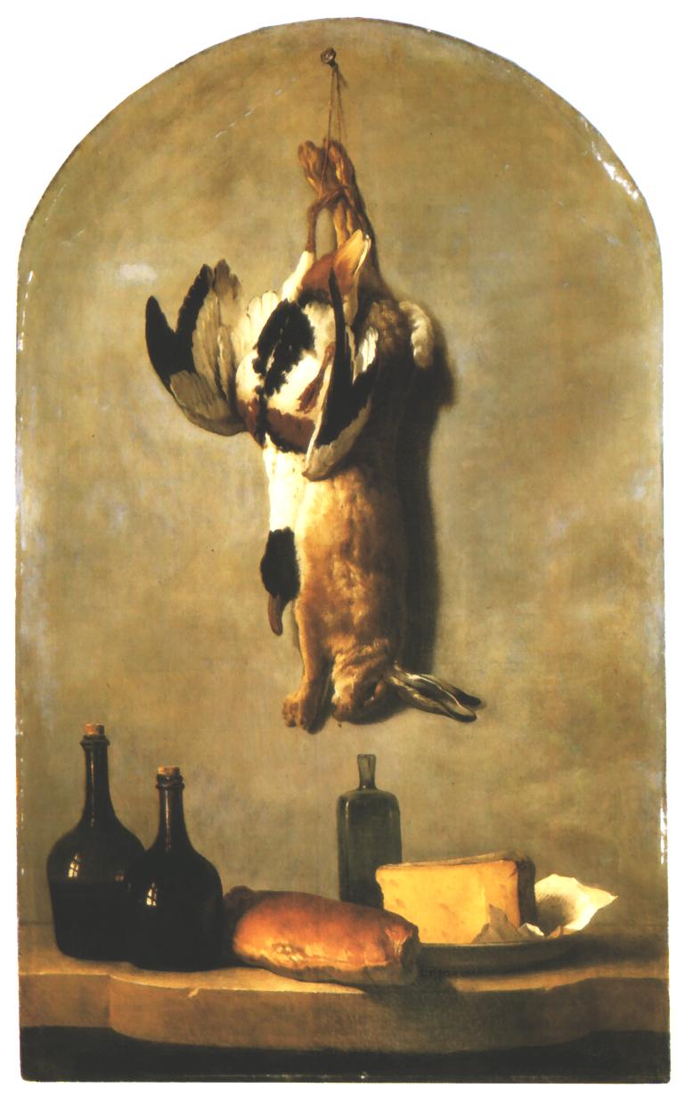7 Oudry (ecole), Lievre, canard, bouteilles, pain et fromage, 1742, Louvre