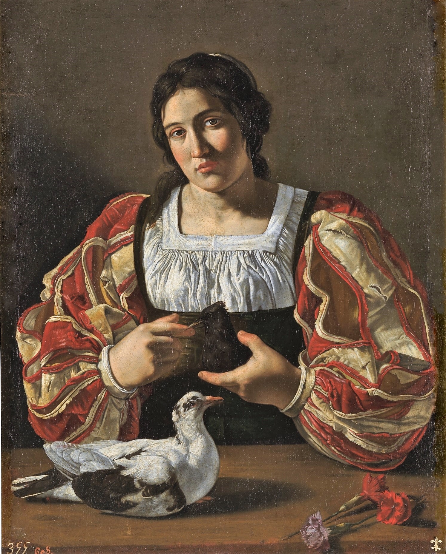 Cecco del Caravaggio 1610-20 Femme avec colombes Prado detail gant