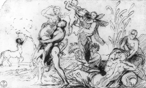 Poussin 1637 ca L'enlevement de Dejanire par Hercule et le fleuve Acheron Firenze,Uffizi,Gabinetto Disegni e Stampe
