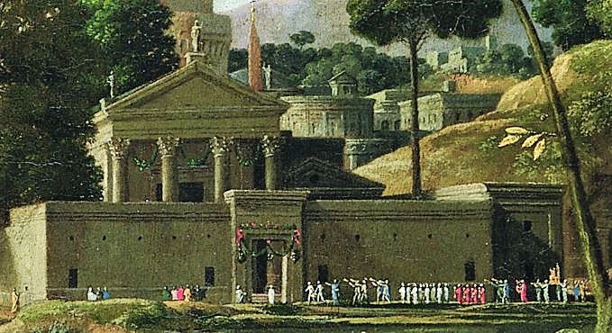 Poussin 1648 Paysage avec les funerailles de Phocion. Cardiff, Musee national du Pays de Galles temple