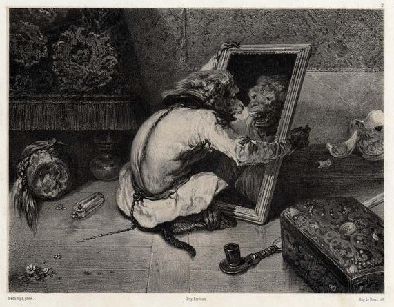 Singe se regardant dans un miroir, d'apres un tableau de Alexandre Gabriel Decamps 1843