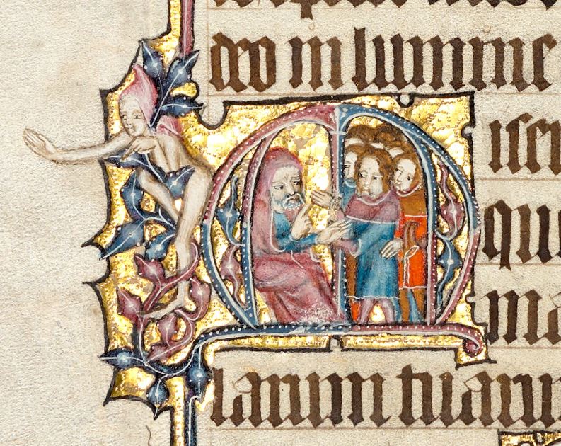 Exeter College MS 47 Fol 34v (anc 36v) Ps. 56. Jacob sends his sons to Egypt (Gen 421-2)