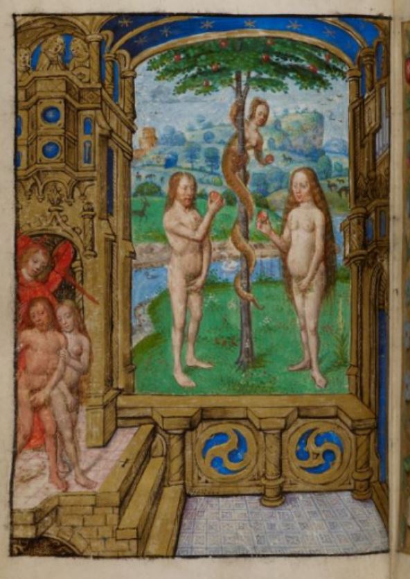 1496–1506 Master of the David Scenes (Bruges or Ghent), Book of Hours of Joanna of Castile BL Add Ms. 18852 La chute, fol 14v