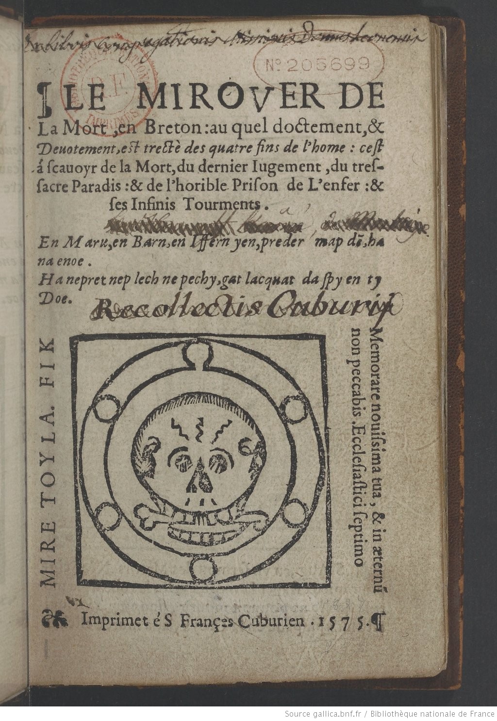 1575 Le_Mirouer_de_la_mort en breton texte de Jean L'Archer