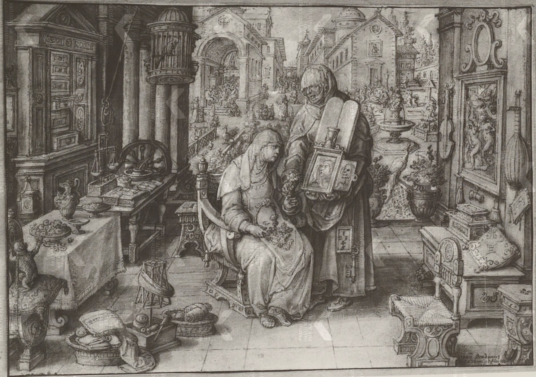 1594, Jan van der Straet (Stradanus), Teyler Museum, Haarlem Quand tu es jeune, pense à la mort