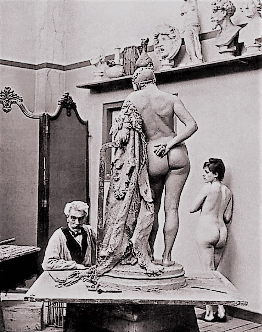Louis Bonnard, Jean-Leon Gerome dans son atelier avec son modele Emma Dupont et la statue Omphale de dos 1887 coll privee B
