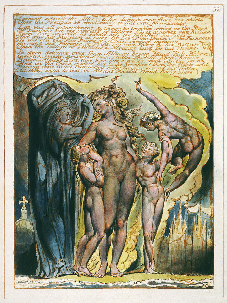 Blake Jerusalem The Emanation of The Giant Albion Copy E (Printed c. 1821) p46 Leaning against the pillars.