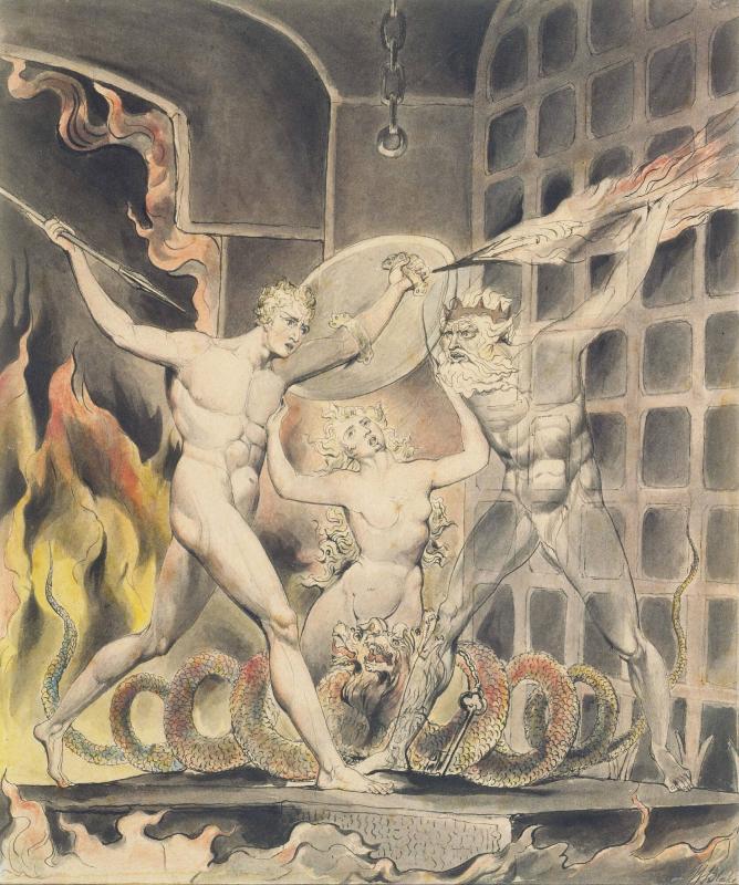 Blake Milton's Paradise Lost 1807 , Satan, Sin, and Death, Satan Comes to the Gates of Hell huntington