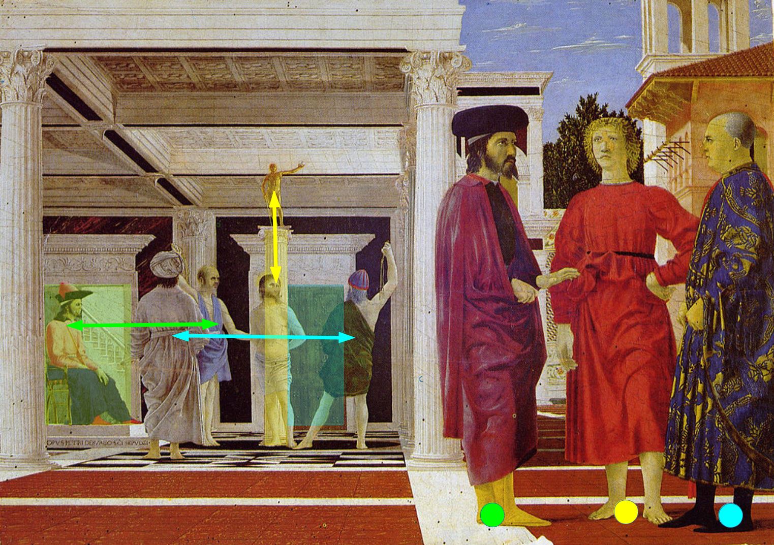 Flagellation 1440-72 Piero_della_Francesca Galleria Nazionale delle Marche Urbino schema