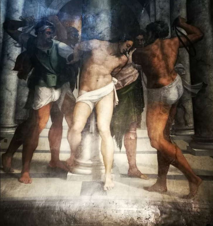 Flagellation 1524 with St Peter and St Francis Sebastiano_del_Piombo Borgherini Chapel San_Pietro_in_Montorio detail