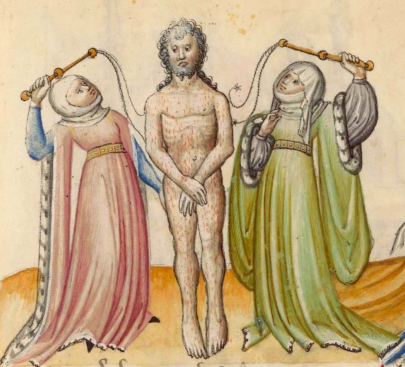 Flagellation SHS, Innsbruck 1432, Lameth battu par deux veuves, Madrid, Biblioteca Nacional de Espana Vit. 25-7 (olim B. 19),fol 20r