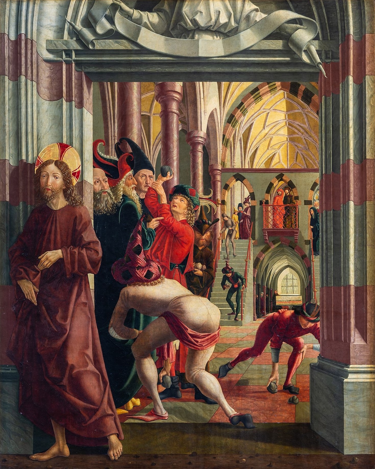 archers 1471–81 Michael Pacher, La Tentative de lapidation du Christ,St._Wolfgang_kath._Pfarrkirche
