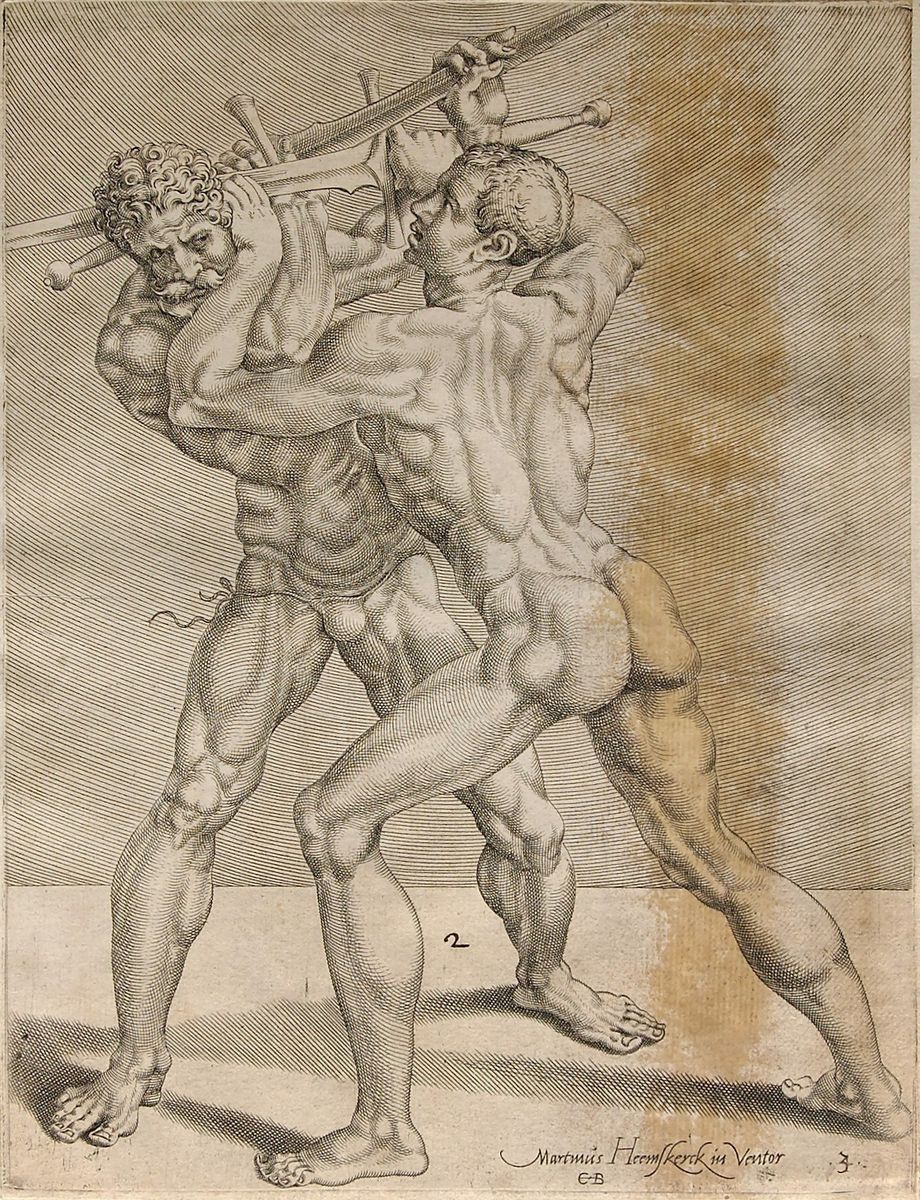 combat Maarten van Heemskerck 1552 serie Fencers and Wrestlers Cod.I.6.2o.5 fol 44r